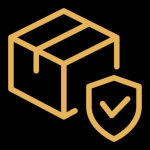 golden outline parcel package and tick sign in shield - professional packaging - prestige provisions