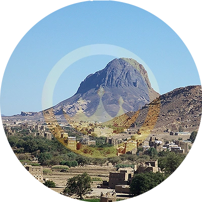 mountainous valleys in yemen overlooking some residences
