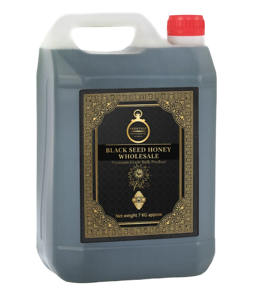 black seed honey wholesale 7kg jerrycan with premium arabian-themed prestige provisions bulk product label
