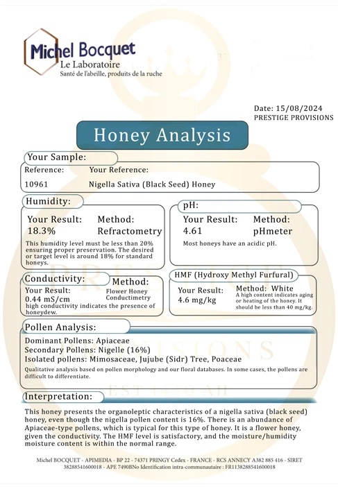 wildflower & nigella sativa honey analysis hmf moisture conductivity with prestige provisions watermark